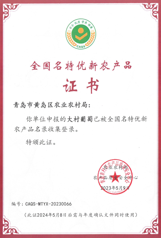 青岛市黄岛区“大村葡萄”入选全国名特优新农产品名录